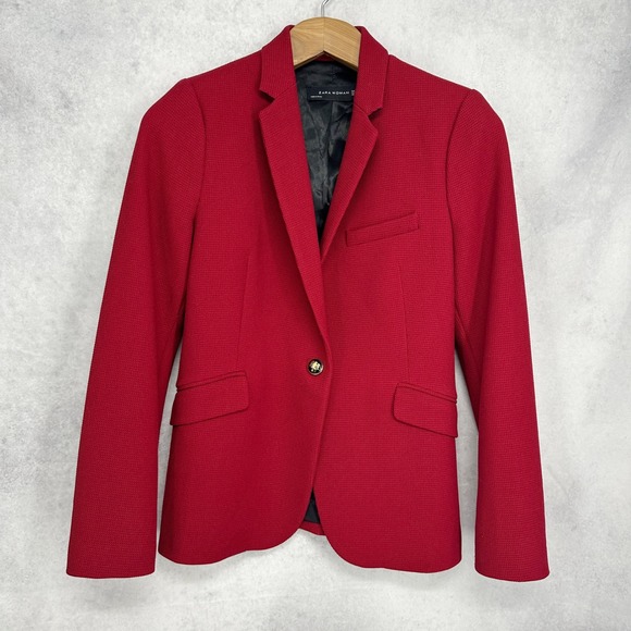 Zara Red Waffle Knit Single Button Blazer Pattern Lined Cuffs Women's Size XS - Picture 3 of 11